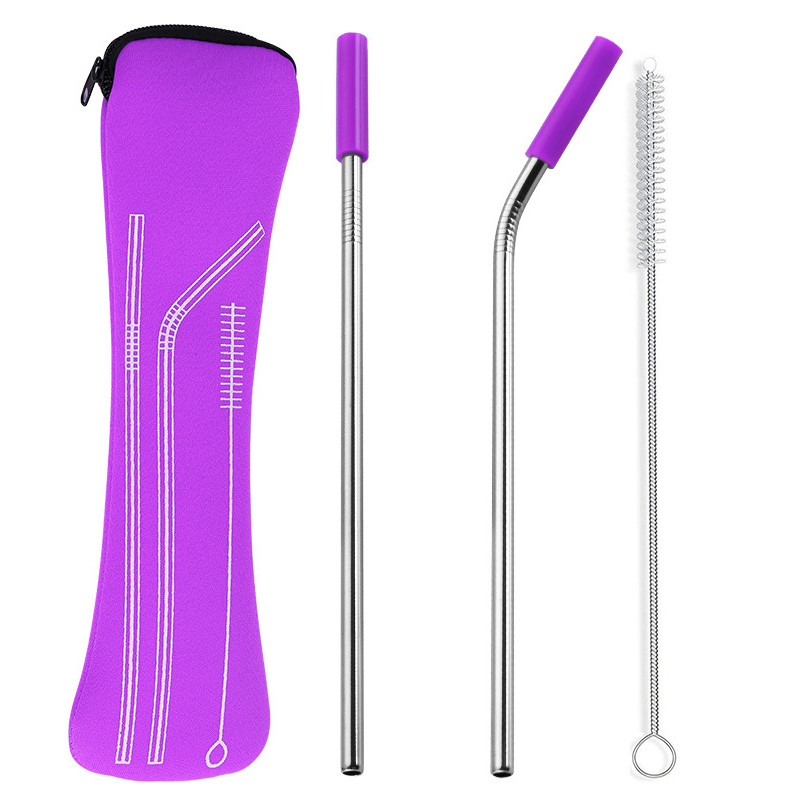 Прави огънати сламки за пиене от неръждаема стомана за многократна употреба със силиконови накрайници Сламки за сламка Устойчив на надраскване силиконов костюм Метална сламка