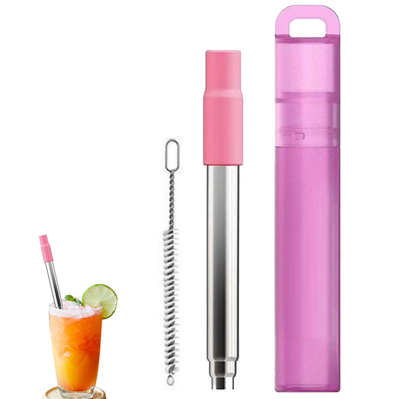 Телескопична сламка за многократна употреба Метална сламка от неръждаема стомана 304 с четка за почистване Преносим комплект сламки за пиене за пътуване с калъф