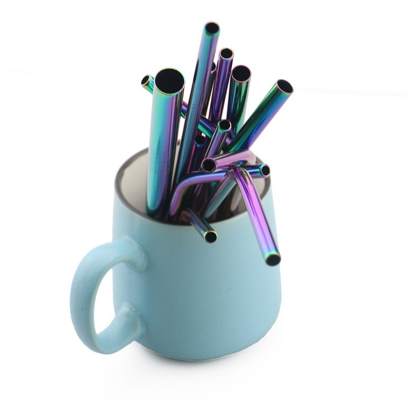 Set de paie curcubeu colorat, 1-2 buc, paie de băut din oțel inoxidabil 304, 16/19/21/23/26 cm, 12 mm, perie reutilizabilă pentru paie de băutură din metal îndoită