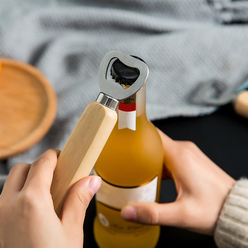 Praktiškas guminės medinės rankenos nerūdijančio plieno alaus butelių atidarytuvas Creative medinės rankenos alaus kamštelio atidarytuvas Alaus butelių atidarytuvas