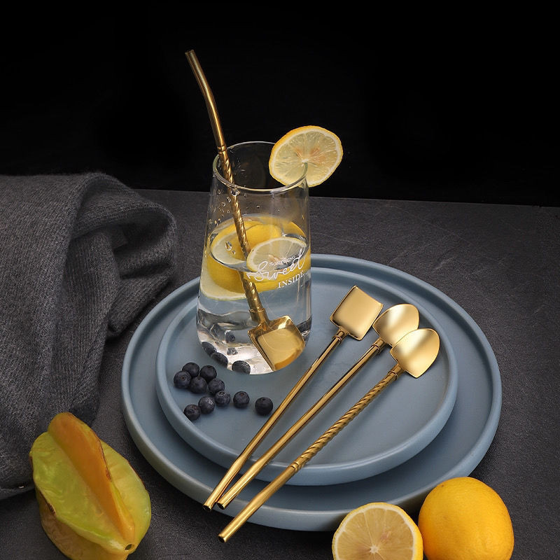 5 bucăți lingură de paie în formă de lopată 2 în 1 lingură portabilă de ceai paie colorate reutilizabile din oțel inoxidabil lingură pentru amestecare cafea pentru cocktail