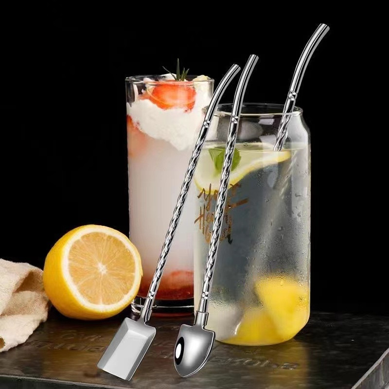 5 bucăți lingură de paie în formă de lopată 2 în 1 lingură portabilă de ceai paie colorate reutilizabile din oțel inoxidabil lingură pentru amestecare cafea pentru cocktail