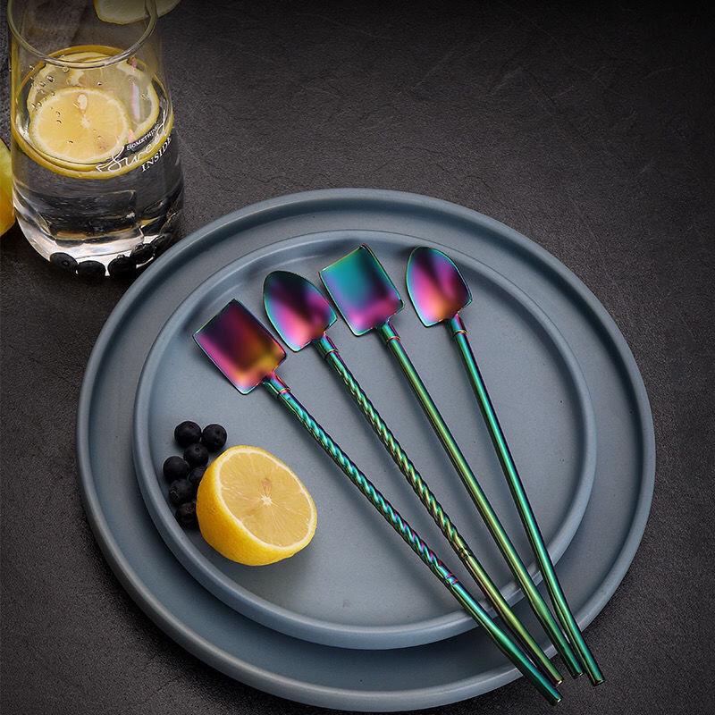 5 bucăți lingură de paie în formă de lopată 2 în 1 lingură portabilă de ceai paie colorate reutilizabile din oțel inoxidabil lingură pentru amestecare cafea pentru cocktail