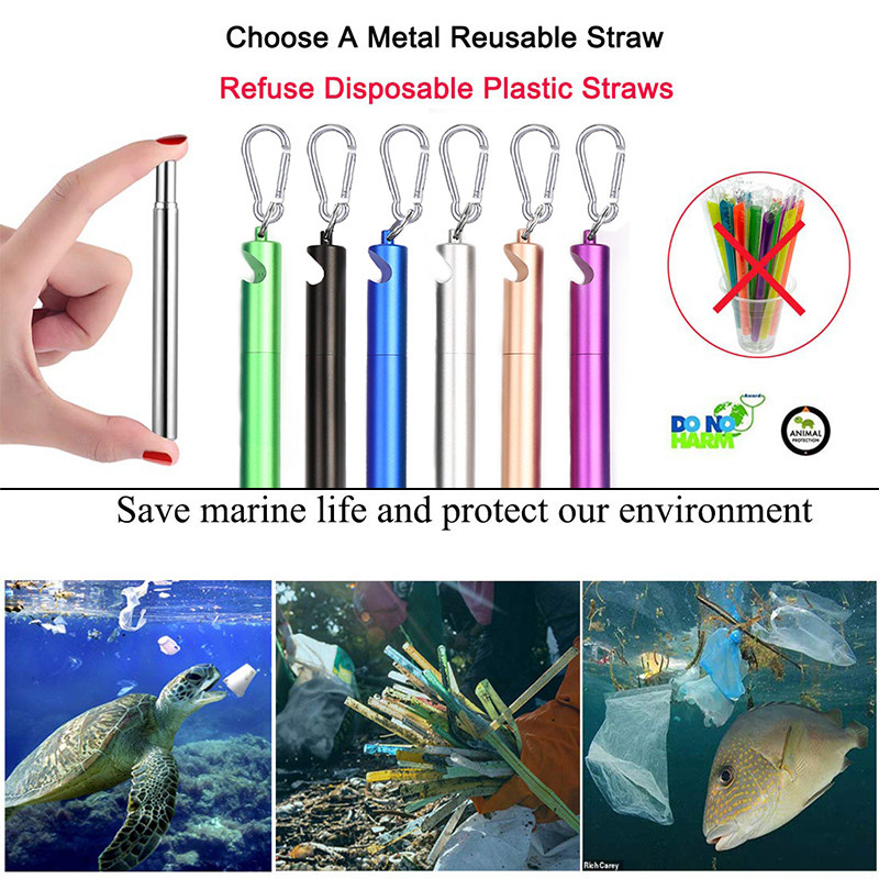 Комплект преносими телескопични сламки за пиене Метална сламка от неръждаема стомана 304 Многократна употреба Ключодържател за пътуване Сламка с кутия Отварачка за бутилки