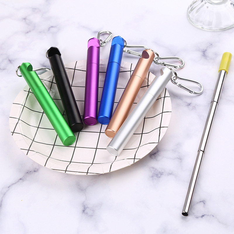 Комплект преносими телескопични сламки за пиене Метална сламка от неръждаема стомана 304 Многократна употреба Ключодържател за пътуване Сламка с кутия Отварачка за бутилки