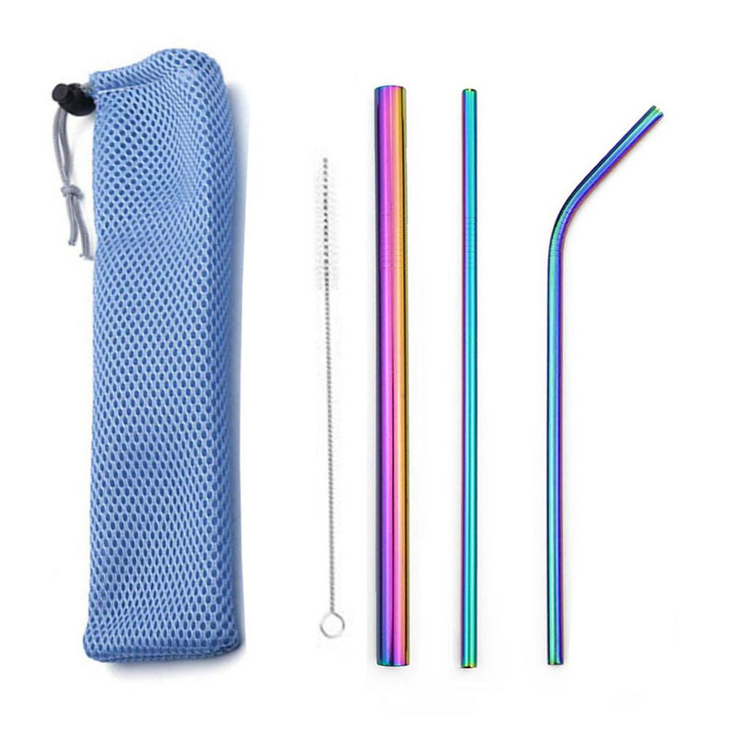 5 buc paie portabile reutilizabile 304 paie din oțel inoxidabil Smoothi-uri din metal, tubul de băut cu ridicata, roz verde, cu pungă din plasă perie