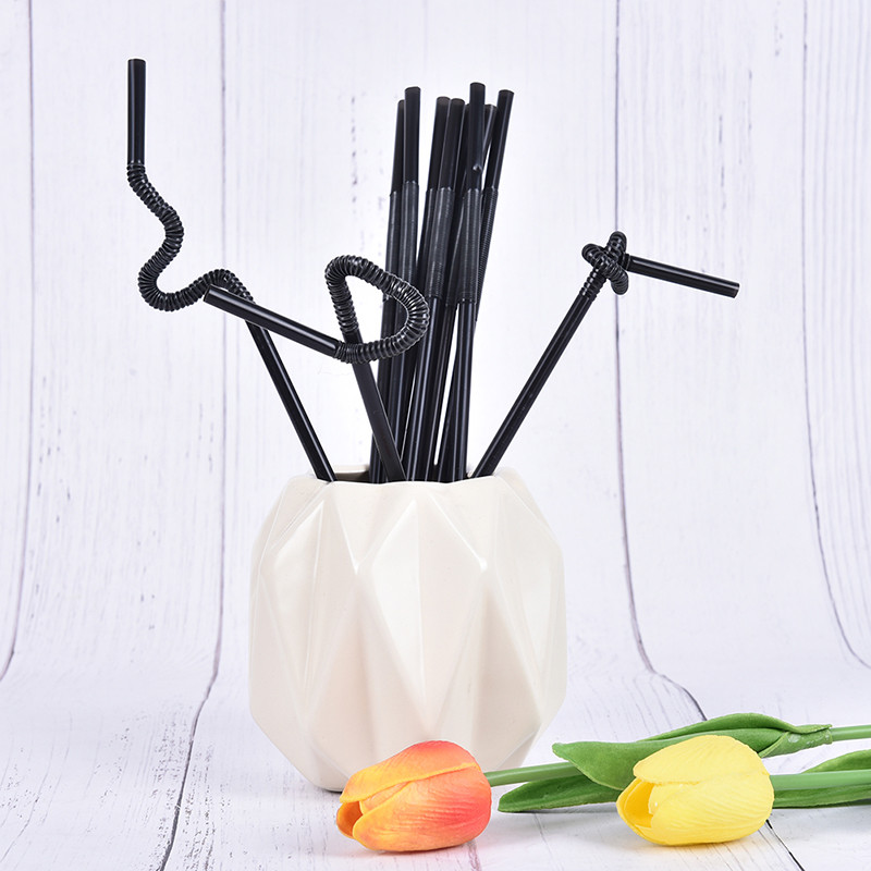 100 buc. Pai de băut, negre lungi, flexibile, pentru petreceri de nuntă, Paie de băut din plastic, 26 cm