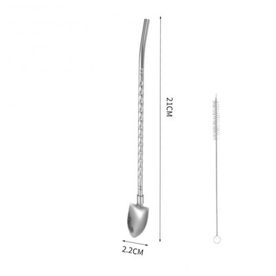 Su šiaudiniu šiaudiniu šaukštu nerūdijančio plieno daugkartinio naudojimo desertinio pyrago šaukštas 2 viename šaukšte gėrimo įrankiai Daugiafunkcis kūrybinis