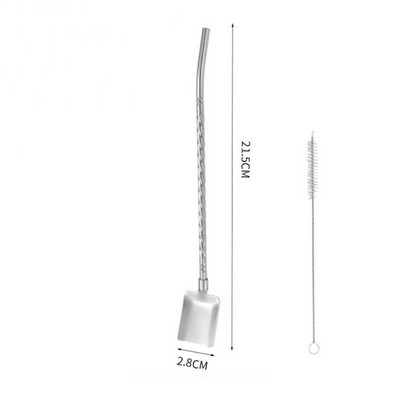 Su šiaudiniu šiaudiniu šaukštu nerūdijančio plieno daugkartinio naudojimo desertinio pyrago šaukštas 2 viename šaukšte gėrimo įrankiai Daugiafunkcis kūrybinis