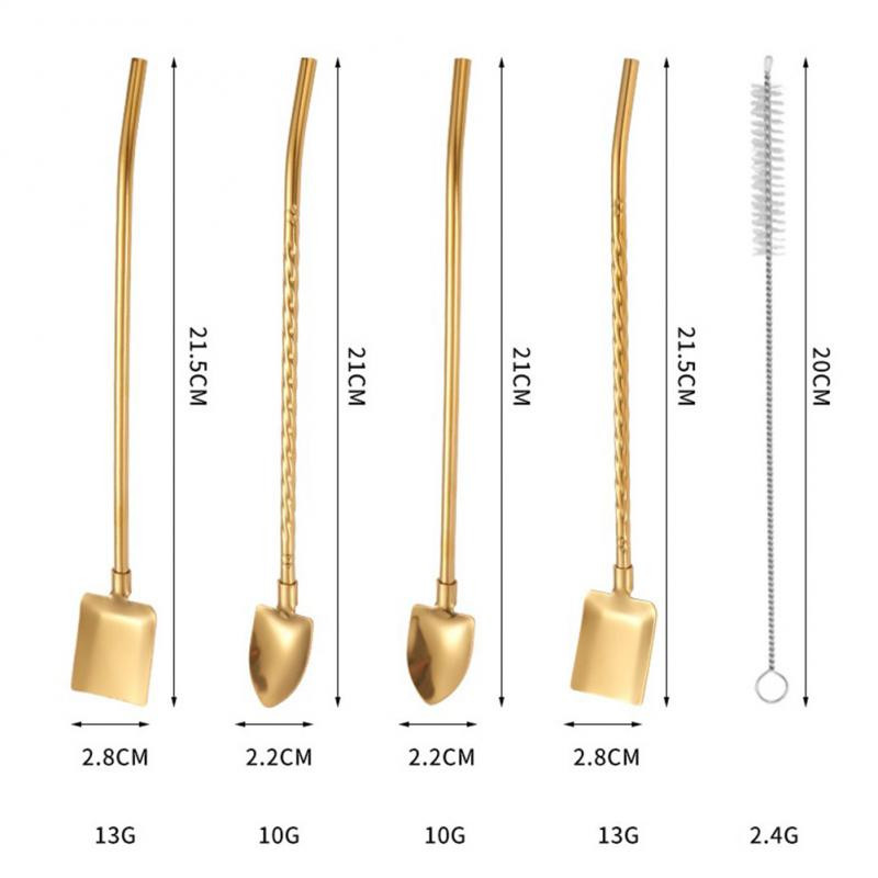 Su šiaudiniu šiaudiniu šaukštu nerūdijančio plieno daugkartinio naudojimo desertinio pyrago šaukštas 2 viename šaukšte gėrimo įrankiai Daugiafunkcis kūrybinis