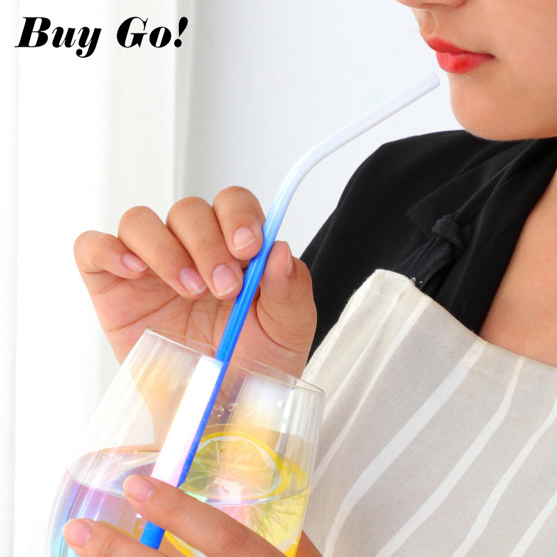 2 buc. paie reutilizabile de băut din metal, culoare gradient, din oțel inoxidabil, paie drepte îndoite cu perie de curățare, bară, accesorii de petrecere