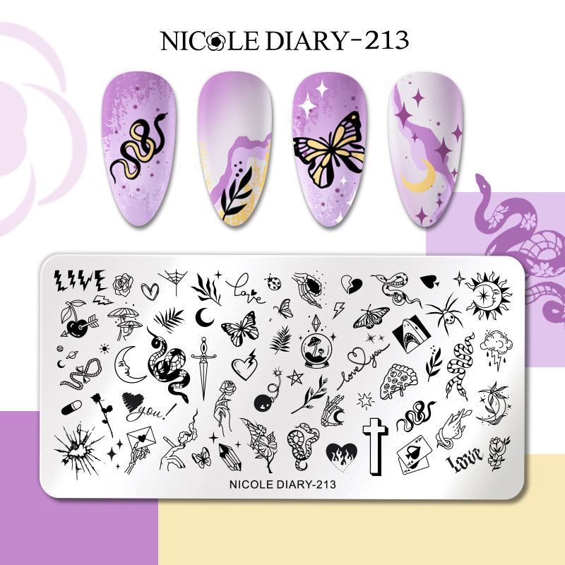 NICOLE DIARY Plăci pentru ștanțare unghii, șarpe, leopard, linii geometrice, frunze, flori, design, plăci de imprimare a imaginii, șabloane, instrumente pentru ștampilarea