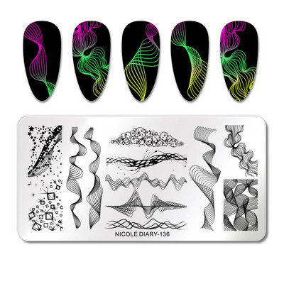 NICOLE DIARY Marble Blooming Stamping Plates Stripe Line Wave Stamping for Nails Art Stamp Stamp Stencil