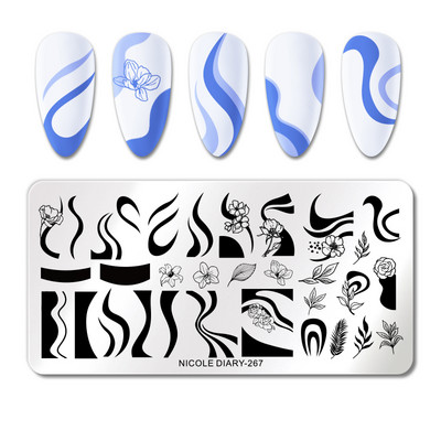 NICOLE DIARY Marble Blooming Stamping Plates Stripe Line Wave Stamping for Nails Art Stamp Stamp Stencil