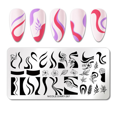 NICOLE DIARY Fire Nail Stamping Plates Λουλούδια Φύλλα Γεωμετρία Γραμμές Γαλλικά Πρότυπα Σφραγίδας Φύλλα Εκτύπωση Καλούπι στένσιλ
