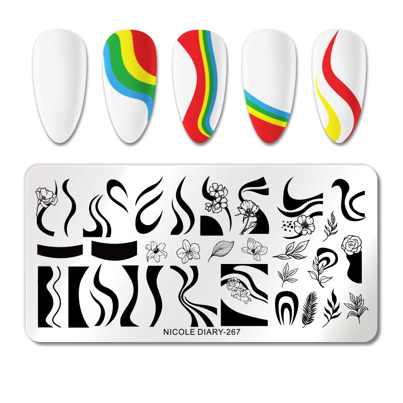 NICOLE DIARY Plăci pentru ștanțarea unghiilor de foc Flori Frunze Linii de geometrie Șabloane de ștampile franceze Tipărire de frunze pentru șablon