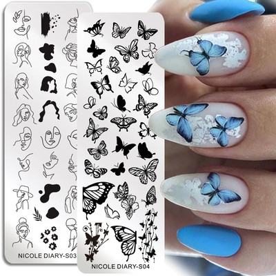 NICOLE DIARY Butterfly Nail Stamping Plates Abstract People Face Image Stamp Templates Френски нокти Flower Lines Transfer Stencil