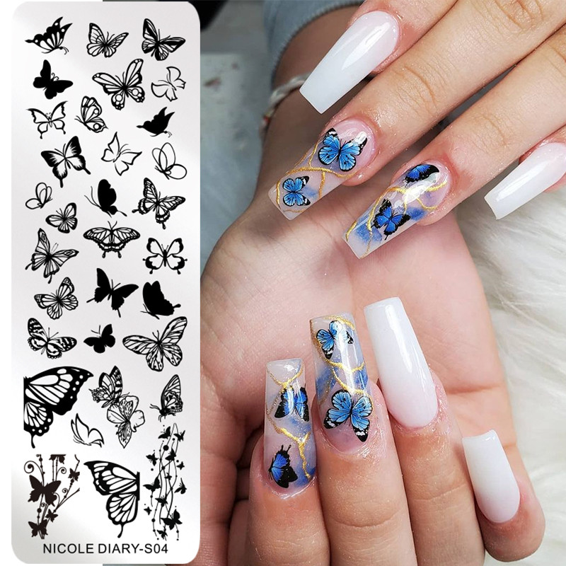 NICOLE DIARY Plăci de ștanțare pentru unghii cu fluture, șabloane de ștampilă cu imagine de față de oameni abstracti, șabloane de transfer pentru linii de flori pentru unghii