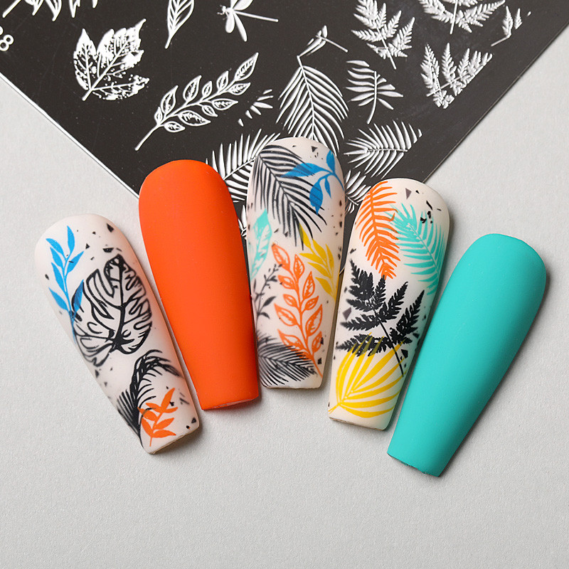 NICOLE DIARY Farfuri pentru ștanțare frunze de banană de palmier Ștampilă Frunze de flori Design fulgi de zăpadă Toate pentru manichiură Șablon de artă pentru unghii de Crăciun