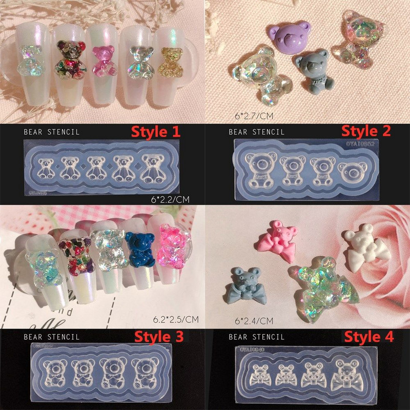 Mucegai de silicon pentru sculptură pentru unghii, 3D, ursuleț drăguț, placă de ștanțare transparentă, șabloane pentru unghii, bricolaj, gel UV, lac, instrumente de matriță pentru manichiură