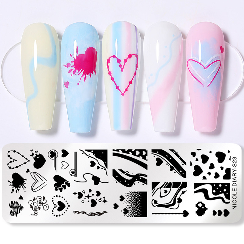 NICOLE DIARY Heart Love Placă de ștanțare pentru arta unghiilor, geometrie, linie de undă, imagine, șabloane de ștampile pentru unghii, unelte pentru plăci de imprimare pentru oje cu gel UV