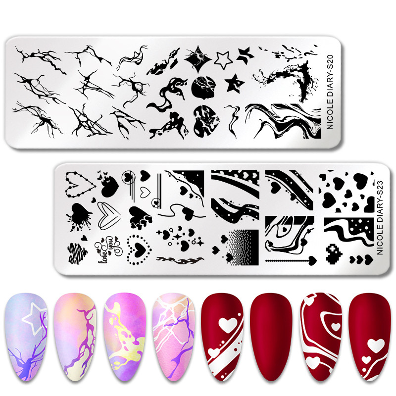NICOLE DIARY Heart Love Placă de ștanțare pentru arta unghiilor, geometrie, linie de undă, imagine, șabloane de ștampile pentru unghii, unelte pentru plăci de imprimare pentru oje cu gel UV
