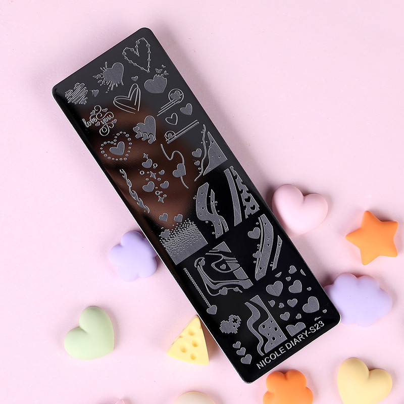 NICOLE DIARY Heart Love Placă de ștanțare pentru arta unghiilor, geometrie, linie de undă, imagine, șabloane de ștampile pentru unghii, unelte pentru plăci de imprimare pentru oje cu gel UV