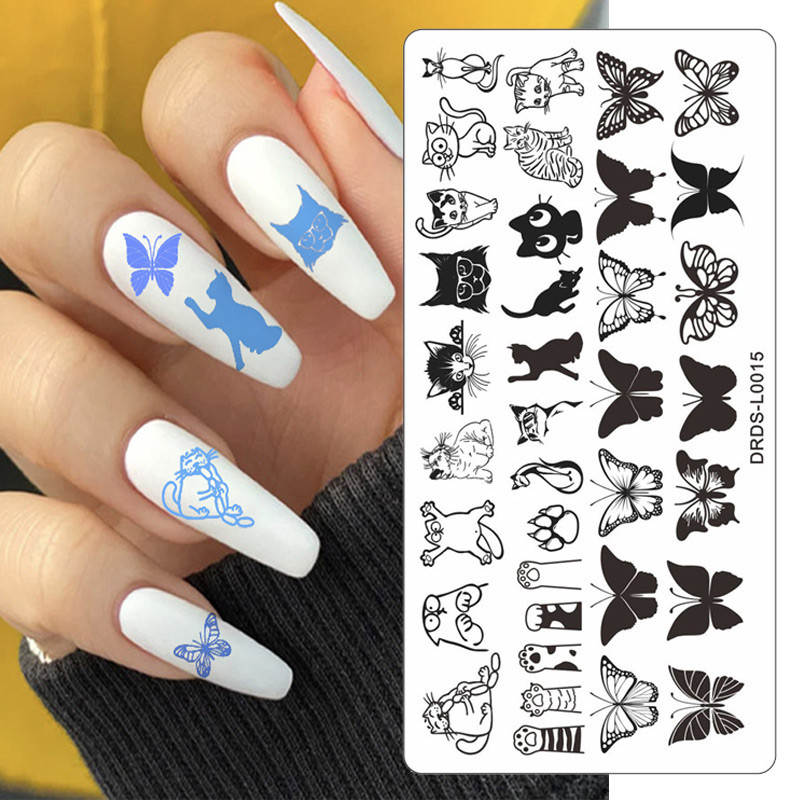 Placă de ștanțare pentru unghii cu fluture Șablon de ștampilă cu cerneală din dantelă, floare, literă, design cu pene, placă de imagine pentru unghii