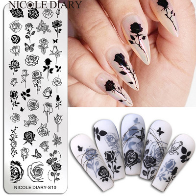 NICOLE DIARY Rose Flower Nail Stamping Plates Black White Design Stamp for Nails Print Stencil Шаблони за маникюр
