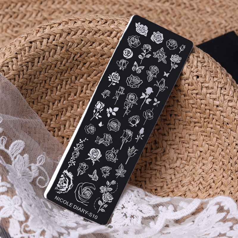 NICOLE DIARY Cvijet ruže Ploče za utiskivanje noktiju Crno-bijeli dizajn Pečat za nokte Šablone za ispis šablona za manikuru
