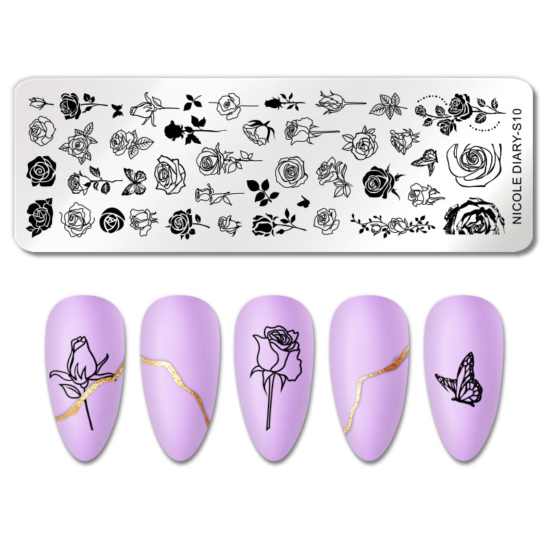 NICOLE DIARY Cvijet ruže Ploče za utiskivanje noktiju Crno-bijeli dizajn Pečat za nokte Šablone za ispis šablona za manikuru