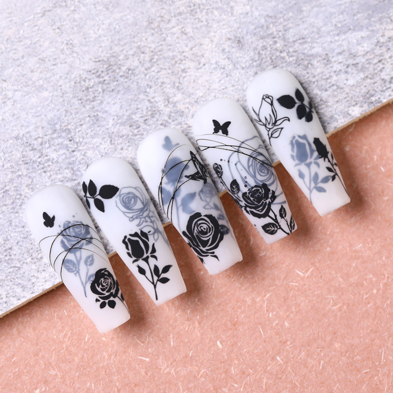 NICOLE DIARY Cvijet ruže Ploče za utiskivanje noktiju Crno-bijeli dizajn Pečat za nokte Šablone za ispis šablona za manikuru