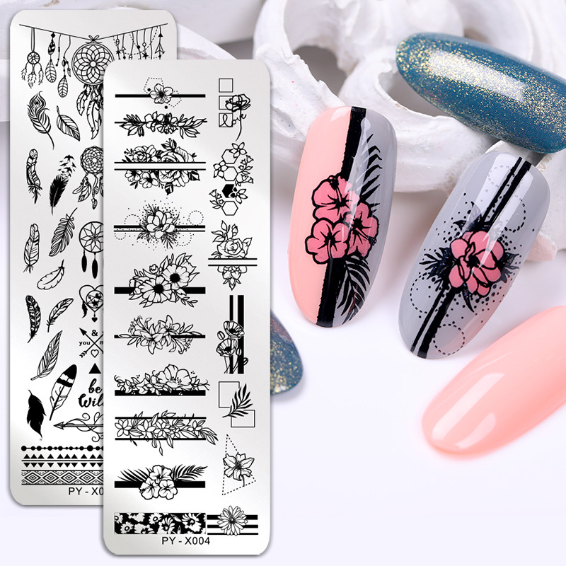 PICT YOU Placă de ștanțare a unghiilor, frunze, flori, șablon de ștampilă, imagine pentru unghii, șablon, instrumente din oțel inoxidabil pentru imprimare