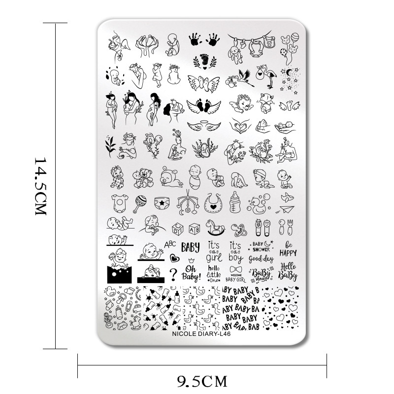 NICOLE DIARY Dimensiune mare Mamă Bebeluș Imagine Placi de ștanțare a unghiilor Șablon de imprimare cu flori, frunze de dragoste, șablon de ștampile pentru mamă florală