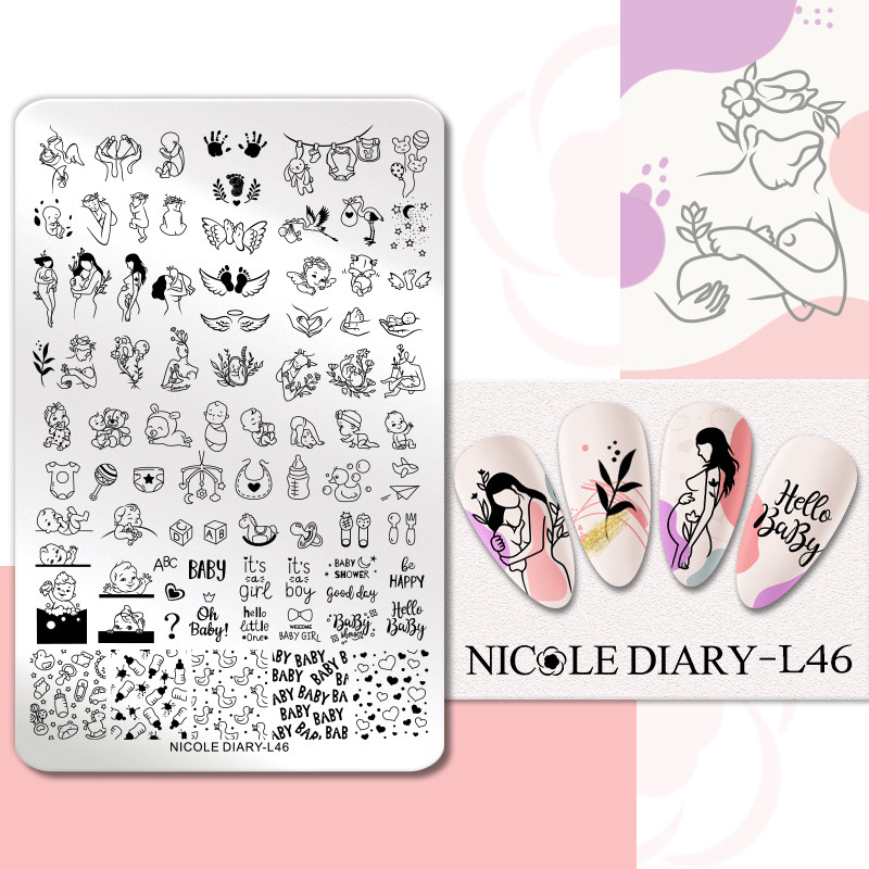 NICOLE DIARY Dimensiune mare Mamă Bebeluș Imagine Placi de ștanțare a unghiilor Șablon de imprimare cu flori, frunze de dragoste, șablon de ștampile pentru mamă florală