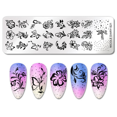 NICOLE DIARY Gradient Flower Stripe Nail Stamping Plate Stamp for Nails Leaf French Geometry Printing Stencil Decor