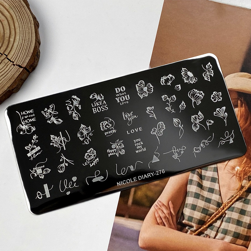 NICOLE DIARY Plăci de ștanțare pentru unghii cu dungi cu flori gradiente, ștampila de design pentru unghii, frunze, geometrie franceză, imprimare cu șablon decor