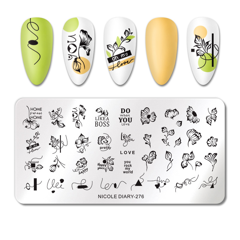 NICOLE DIARY Plăci de ștanțare pentru unghii cu dungi cu flori gradiente, ștampila de design pentru unghii, frunze, geometrie franceză, imprimare cu șablon decor