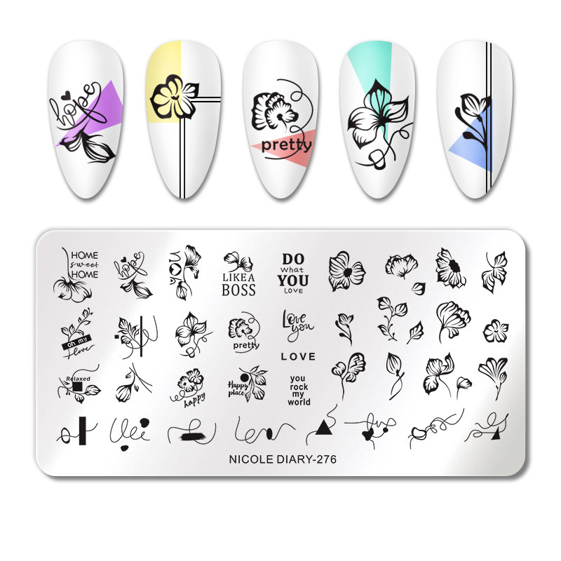 NICOLE DIARY Plăci de ștanțare pentru unghii cu dungi cu flori gradiente, ștampila de design pentru unghii, frunze, geometrie franceză, imprimare cu șablon decor