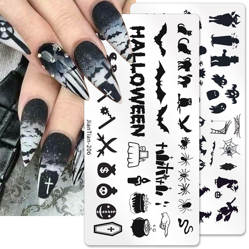 Placă de ștanțare pentru unghii de Halloween Mucegai pentru ștanțare pentru unghii Șabloane de imprimare cu craniu de dovleac Șabloane pentru ștampile de unghii de Halloween Instrumente pentru arta unghiilor