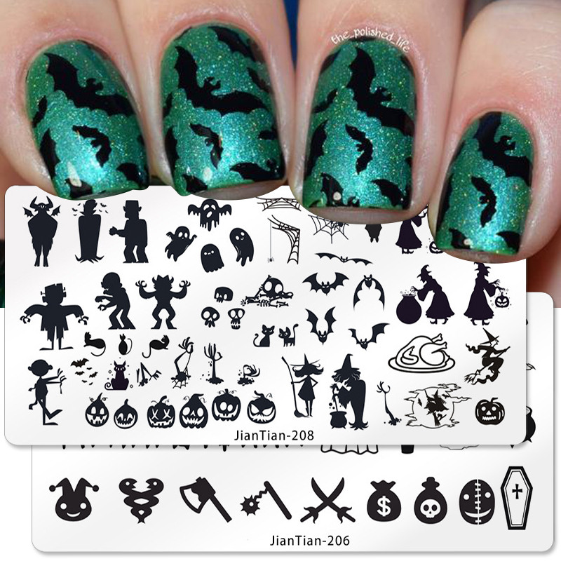 Placă de ștanțare pentru unghii de Halloween Mucegai pentru ștanțare pentru unghii Șabloane de imprimare cu craniu de dovleac Șabloane pentru ștampile de unghii de Halloween Instrumente pentru arta unghiilor