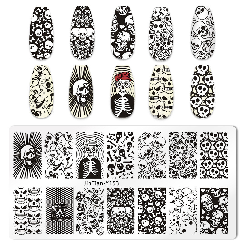 Placă de ștanțare pentru unghii de Halloween Mucegai pentru ștanțare pentru unghii Șabloane de imprimare cu craniu de dovleac Șabloane pentru ștampile de unghii de Halloween Instrumente pentru arta unghiilor