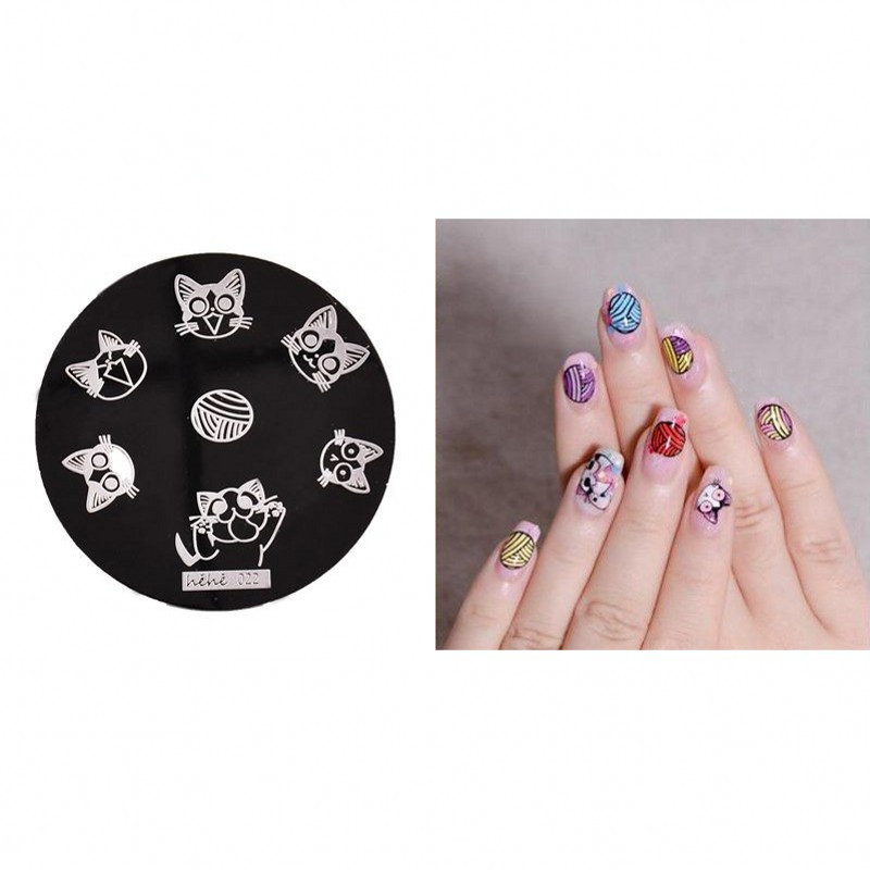 1 бр Hehe Series Nail Art Stamping Plates Плоча с изображение Сладка котка Котки Лапи Топка за плетене Кръгла метална плоча с шаблон за нокти 5,5 см