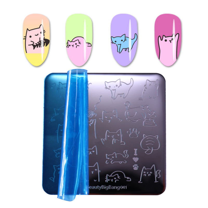 BeautyBigBang 6CM Șablon din oțel inoxidabil Placă de ștampilare pentru arta unghiilor 041 Plăci de ștanțare a unghiilor în dungi Imagine drăguță de pisică