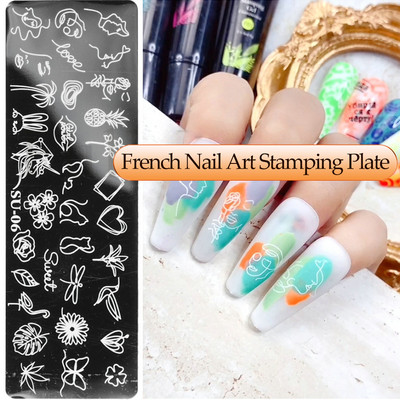 Γαλλικά Nail Art Πλάκα Σφράγισης Γεωμετρία Wave Line Πρότυπα Σχεδίου Flower Love Lace Stamp Nail Charm Mold Mold Εργαλεία στένσιλ
