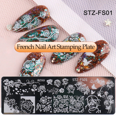 Γαλλικά Nail Art Πλάκα Σφράγισης Γεωμετρία Wave Line Πρότυπα Σχεδίου Flower Love Lace Stamp Nail Charm Mold Mold Εργαλεία στένσιλ