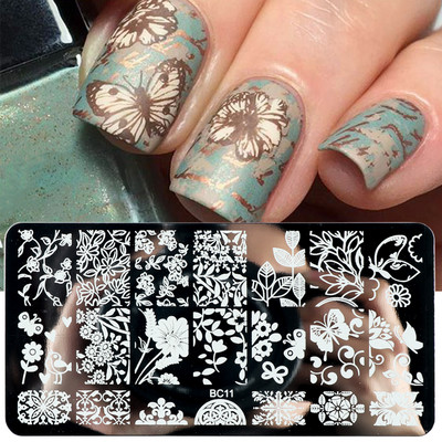 Γαλλικά Nail Art Πλάκα Σφράγισης Γεωμετρία Wave Line Πρότυπα Σχεδίου Flower Love Lace Stamp Nail Charm Mold Mold Εργαλεία στένσιλ