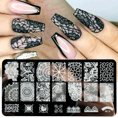 Γαλλικά Nail Art Πλάκα Σφράγισης Γεωμετρία Wave Line Πρότυπα Σχεδίου Flower Love Lace Stamp Nail Charm Mold Mold Εργαλεία στένσιλ