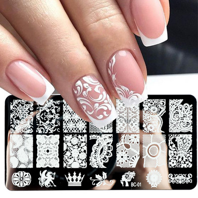 Γαλλικά Nail Art Πλάκα Σφράγισης Γεωμετρία Wave Line Πρότυπα Σχεδίου Flower Love Lace Stamp Nail Charm Mold Mold Εργαλεία στένσιλ