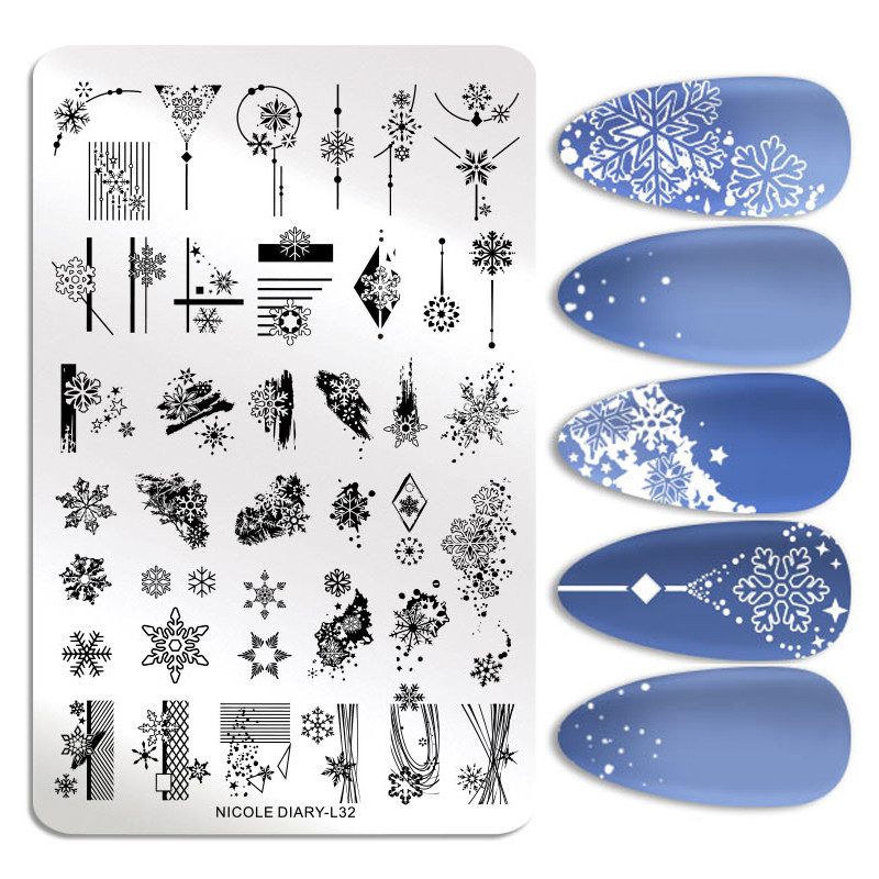 NICOLE DIARY Fulgi de zăpadă de marime farfurii pentru ștanțarea unghiilor Ștampila de Crăciun pentru unghii Moș Crăciun de zăpadă șosete șablon de imprimare